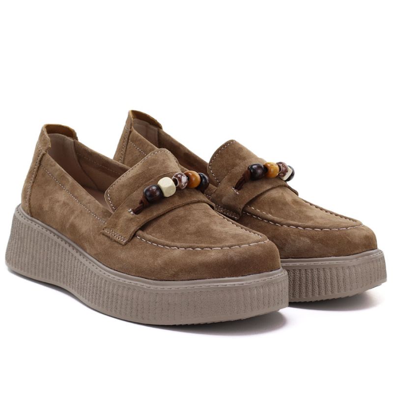 Women's leather platform moccasins with beads, camel, Vinceza 79649