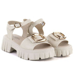 Women's leather sandals on a platform with decoration, beige Vinceza 26-79611 Vinceza