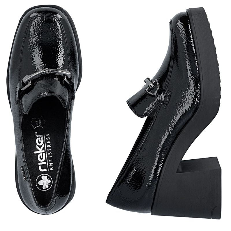 Women's patent leather high-heeled loafers, black, Rieker 58051-00 Rieker