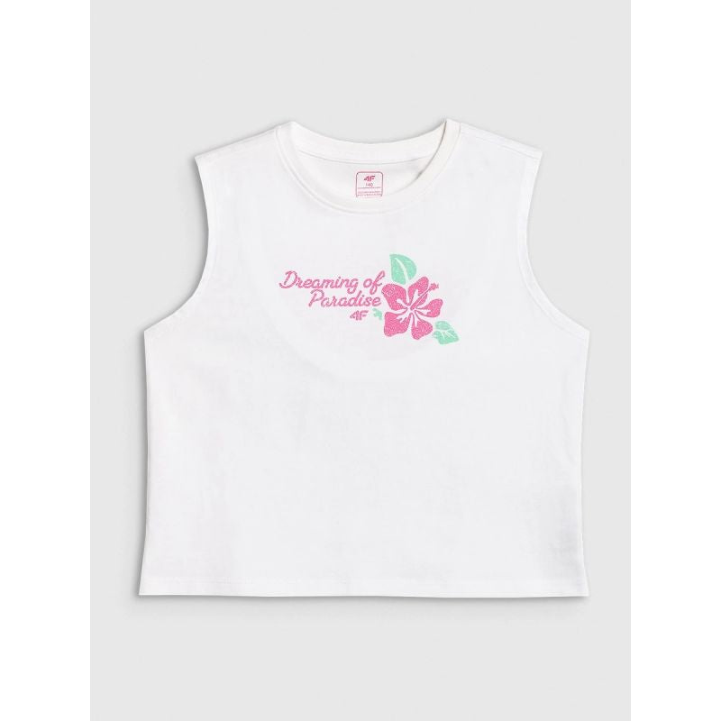 Girls' sleeveless T-shirt with print 4F 4FJRSS26TSLEF328-11S