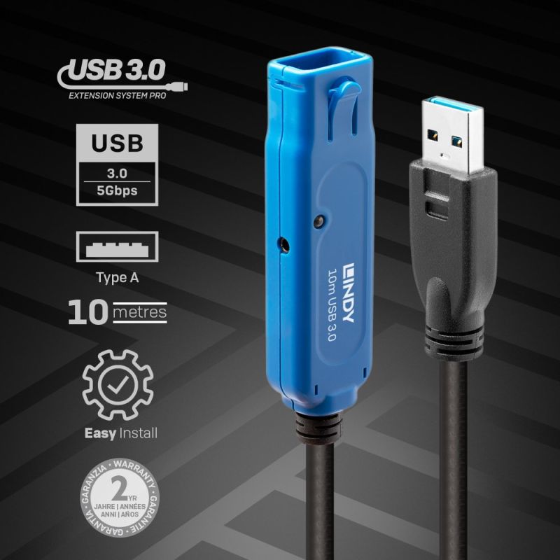 Lindy 43157 USB Cable USB 3.2 Gen 1 (3.1 Gen 1) 10m USB A Black Kable i adaptery/Kable USB Your Sports Performance