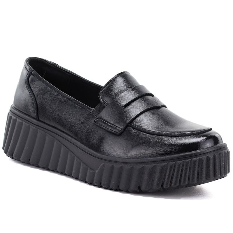 Black leather wedge moccasin shoes Vinceza 133135