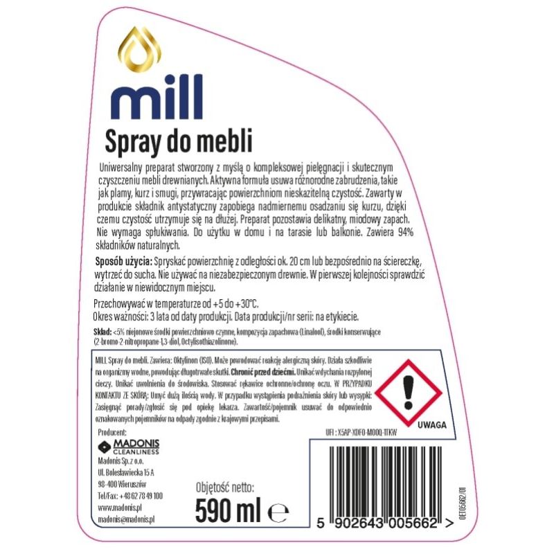 MILL Clean Spray for furniture 590 ml Chemia/Preparaty do mycia i nabłyszczania powierzchni Your Sports Performance