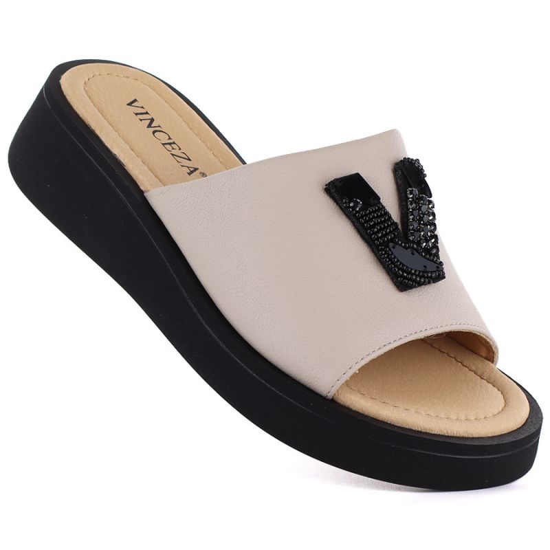 Women's beige leather wedge sandals Vinceza 66950 Vinceza