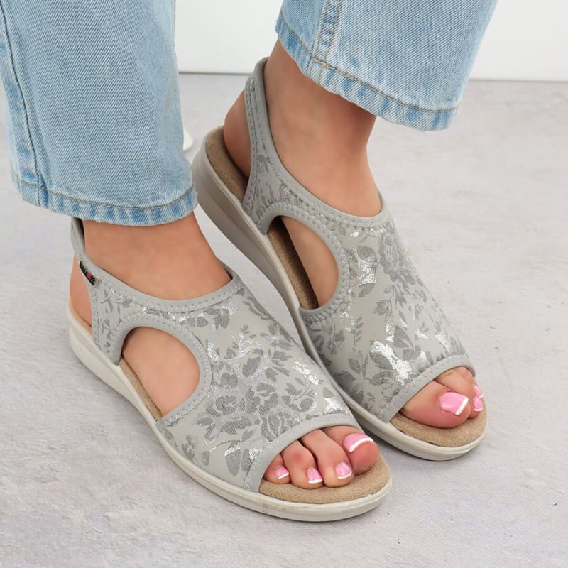 Women's elastic high heel sandals with floral pattern, gray Unisoft 7196 Footwear Your Sports Performance