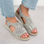Women's elastic high heel sandals with floral pattern, gray Unisoft 7196 Footwear Your Sports Performance