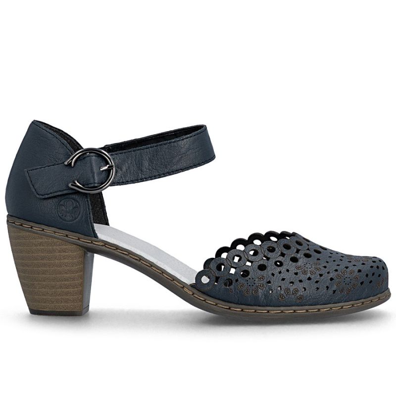 Women's leather sandals with a comfortable heel, openwork, navy blue, Rieker 40902-14 Rieker