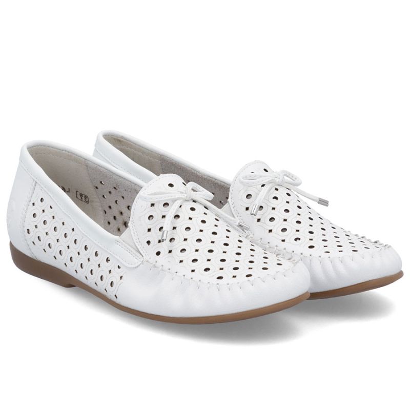 Women's leather moccasins, openwork, lightweight, comfortable, white, Rieker L6352-80 Rieker
