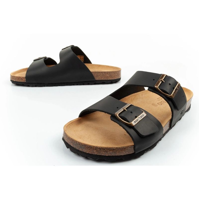Bio Bio men's slippers, profiled flip-flops, natural leather, black