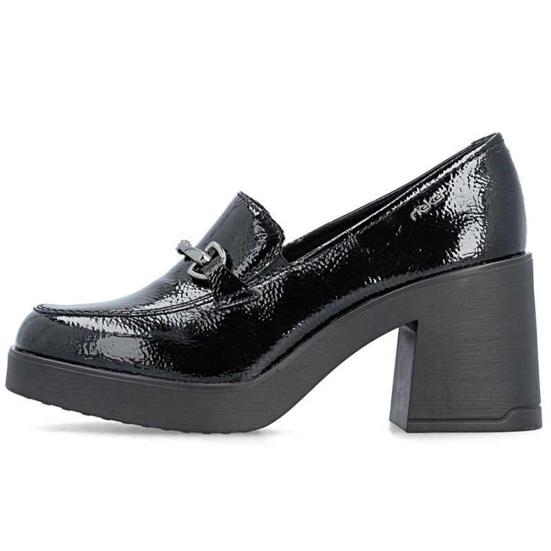 Women's patent leather high-heeled loafers, black, Rieker 58051-00 Rieker