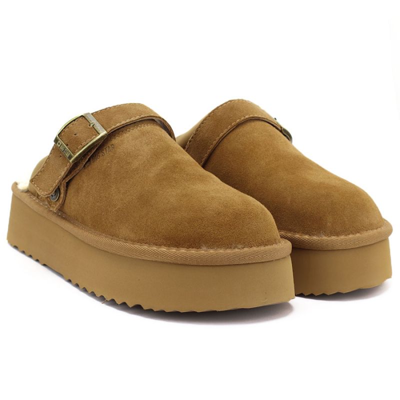 Women's leather insulated flip-flops on a camel platform, Big Star UU274696