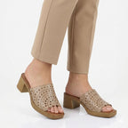 Women's openwork beige mules with a heel M.Daszyński MR2598-7 M. Daszyński