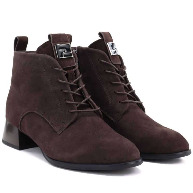 Women's leather ankle boots with high heels, suede, dark brown, Vinceza FIO27-67036
