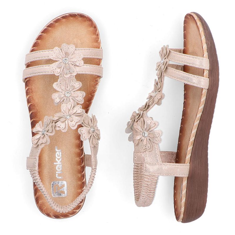 Women's gold floral slip-on sandals Rieker V7573-90 Rieker