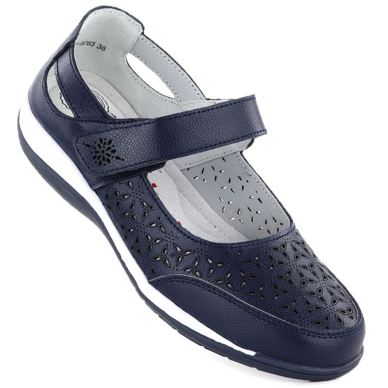 Women's leather openwork shoes with Velcro, navy blue Jezzi 9763 To be categorized Your Sports Performance