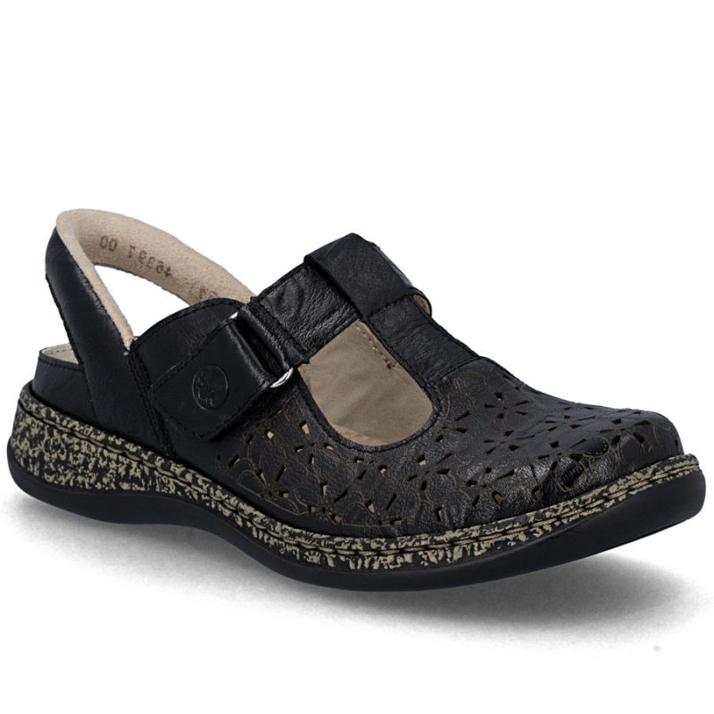 Women's leather openwork sandals, comfortable, wide, black, Rieker 46397-00 Rieker