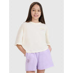Oversized crop top t-shirt with print for girls 4F 4FJWSS25TTSHF1868-11S *Kategoria tymczasowa Your Sports Performance