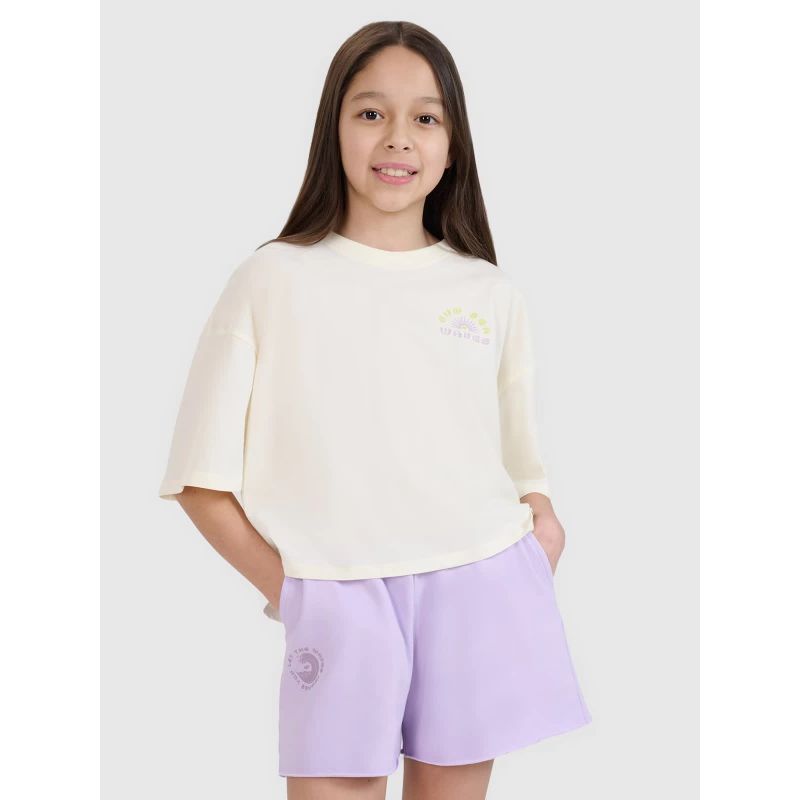 Oversized crop top t-shirt with print for girls 4F 4FJWSS25TTSHF1868-11S *Kategoria tymczasowa Your Sports Performance