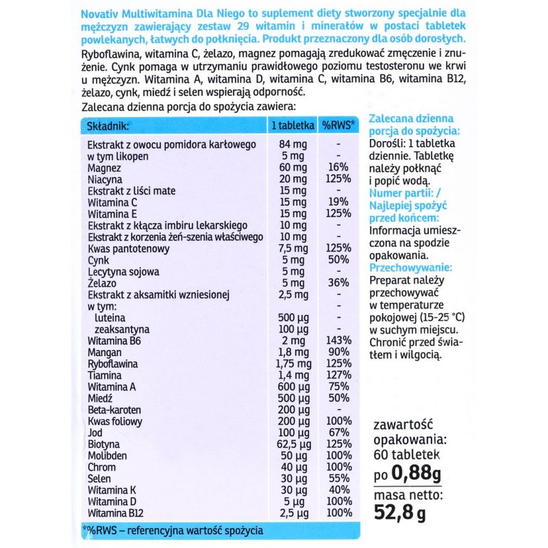 Novativ Multivitamin for Him 60 coated tablets Import z Action/Odżywki i suplementy/Suplementy diety Your Sports Performance