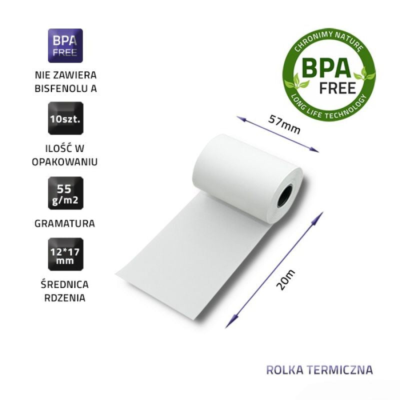 QOLTEC THERMAL ROLL 57X20 | 55G/M2 | 10PCS | BPS FREE Artykuły papiernicze/Rolki kasowe Your Sports Performance
