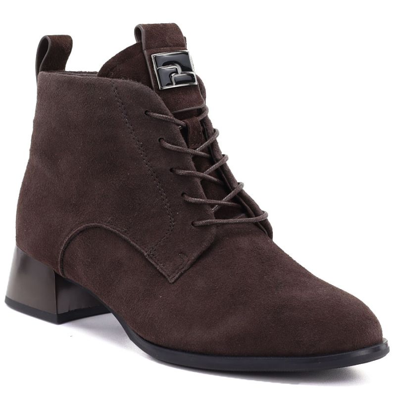 Women's leather ankle boots with high heels, suede, dark brown, Vinceza FIO27-67036