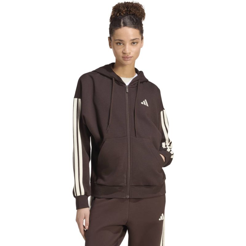 Women's adidas Essentials 3-Stripes Full-Zip Fleece Hoodie Brown KX0784