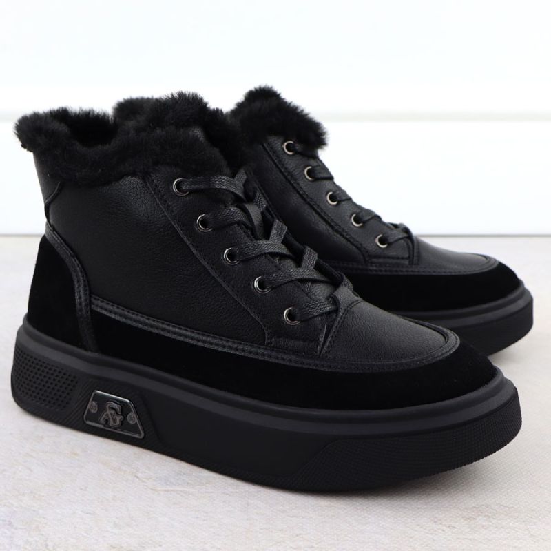 Black leather platform ankle boots with fur Cambell 25-19352 To be categorized Your Sports Performance