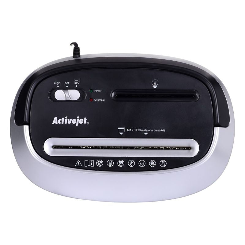 Activejet ASH-1201D shredder, P-3, 25 l, 5x38 mm shreds, 12 sheets, black and silver. Urządzenia biurowe/Niszczarki Your Sports Performance