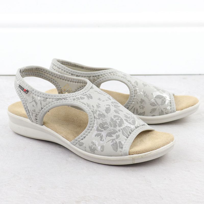Women's elastic high heel sandals with floral pattern, gray Unisoft 7196 Footwear Your Sports Performance