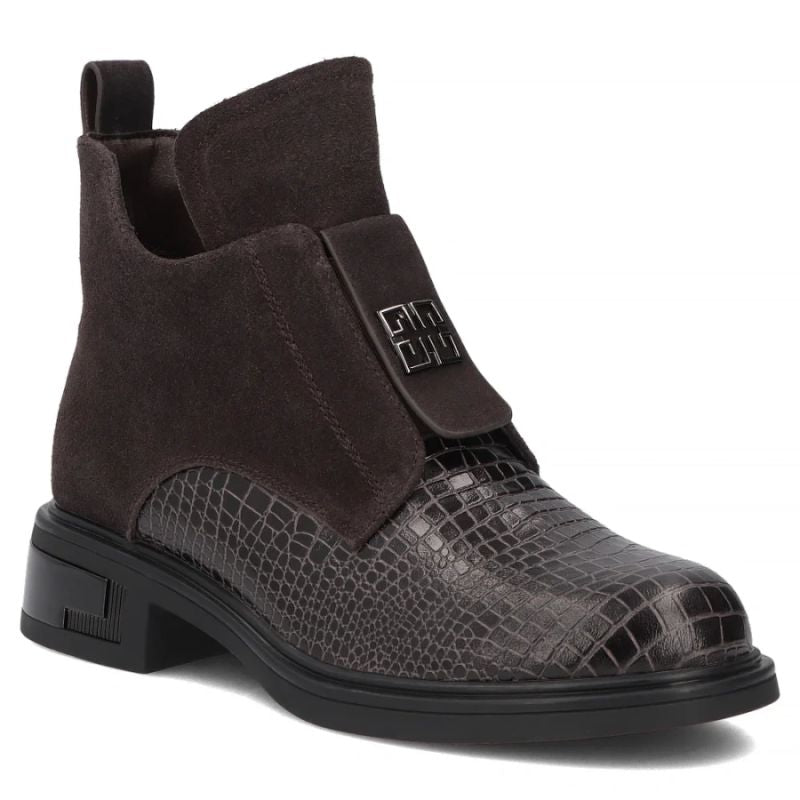 Women’s Leather Ankle Boots, Crocodile Effect, Chocolate Brown Filippo DBT820