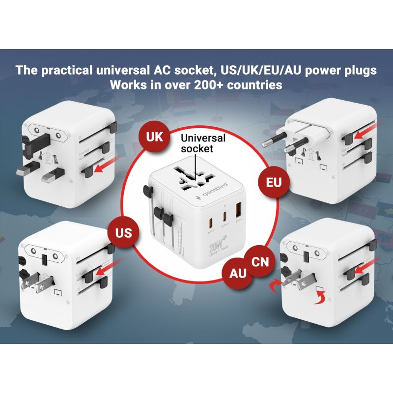 GEMBIRD UNIVERSAL TRAVEL ADAPTER 20W, WHITE Kable i adaptery/Adaptery, przejściówki Your Sports Performance