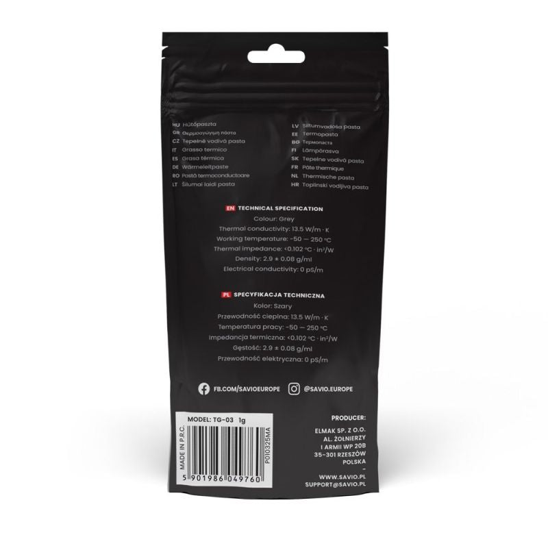 SAVIO THERMAL CONDUCTIVE PASTE 13.5W/MK, 1G TG-03 Chłodzenie/Pasty termoprzewodzące Your Sports Performance