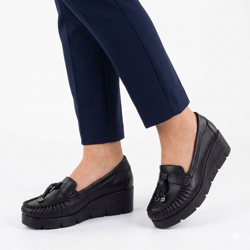 Black leather wedge moccasin shoes Vinceza 39990 Vinceza