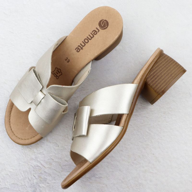 Women's leather slides on a block, gold Remonte R8759-90 Footwear Your Sports Performance
