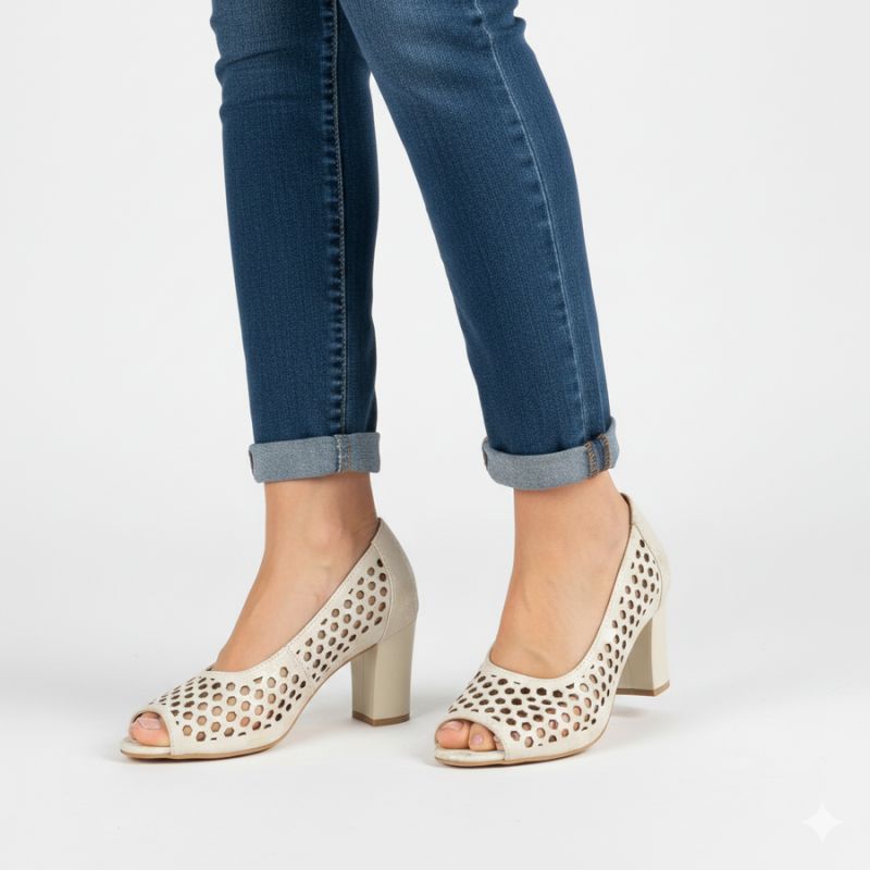 Beige open toe pumps with openwork heel, Jezzi ASA283-7 To be categorized Your Sports Performance