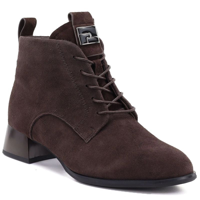 Women's leather ankle boots with high heels, suede, dark brown, Vinceza FIO27-67036