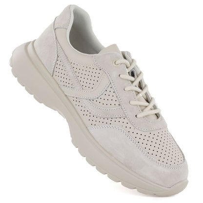 Women's leather sports shoes with openwork pattern, beige, Vinceza 41507 Vinceza