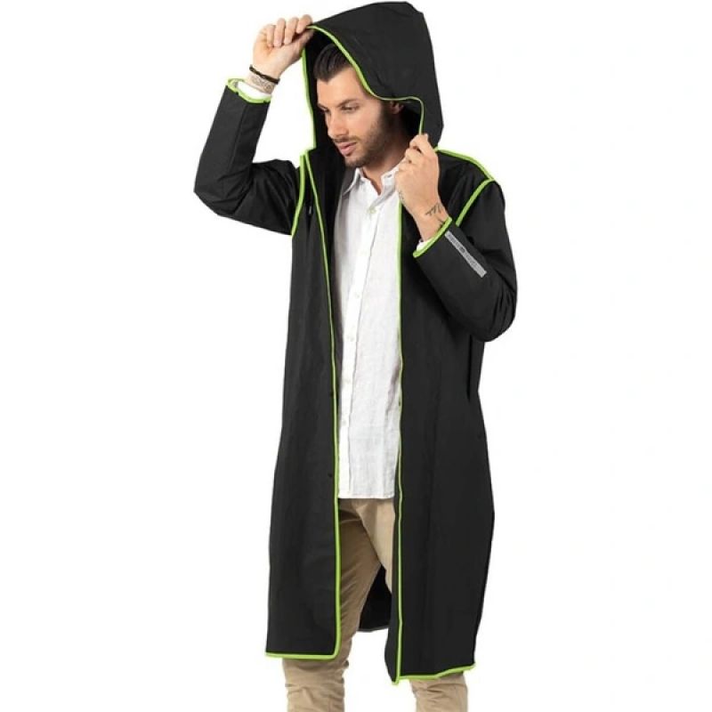 Perletti Men’s Waterproof Trench Coat, Black, with Hood, Size L