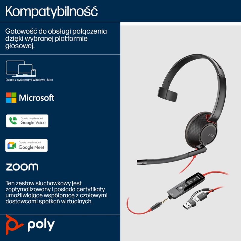 Poly Blackwire 5210 Monaural USB-C Headset +3.5mm Plug +USB-C/A Adapter (Bulk) Akcesoria GSM/Słuchawki przewodowe Your Sports Performance
