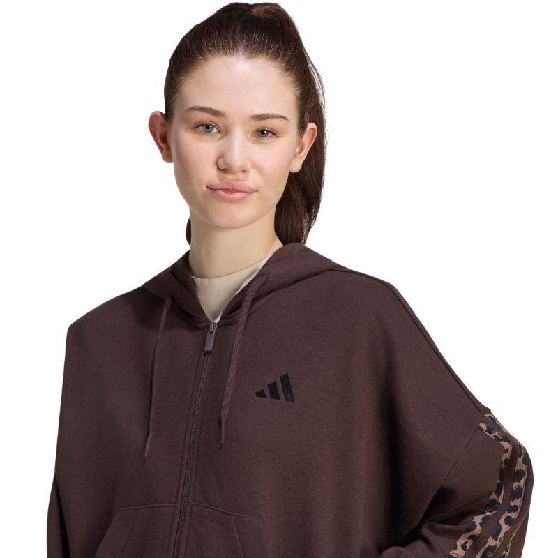 Women's adidas Seasonal Essentials Animal Print 3-Stripes Full-Zip Hooded Sweatshirt Brown KV9299