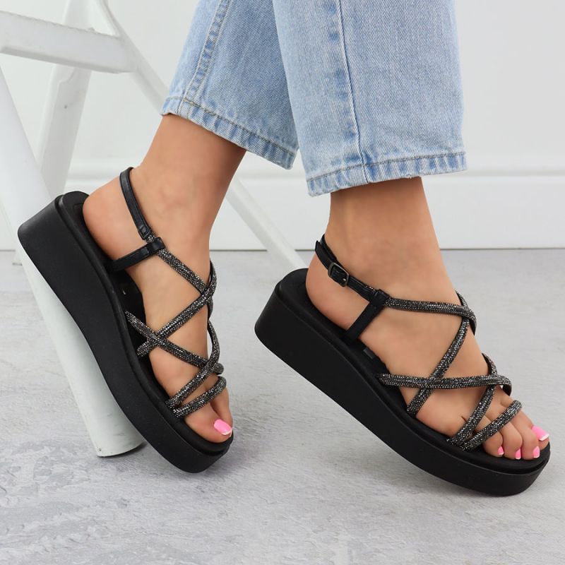 Women's Roman wedge sandals with zircons, black Filippo DS6898 Footwear Your Sports Performance