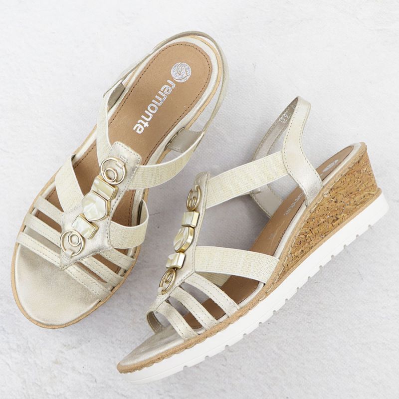 Women's wedge sandals with elastic bands, gold, Remonte R6264-91 Footwear Your Sports Performance