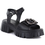 Women's leather sandals on a platform with decoration, black Vinceza 26-79611 Vinceza