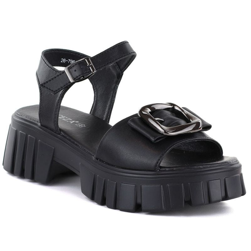 Women's leather sandals on a platform with decoration, black Vinceza 26-79611 Vinceza