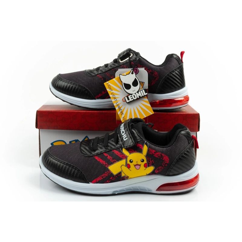 Leomil children's sports shoes Pokemon sneakers lightweight with velcro LED black