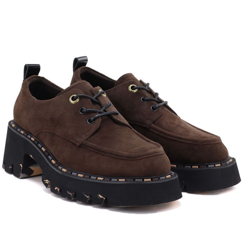 Women's leather moccasin shoes on a block heel, brown Artiker 59C0276