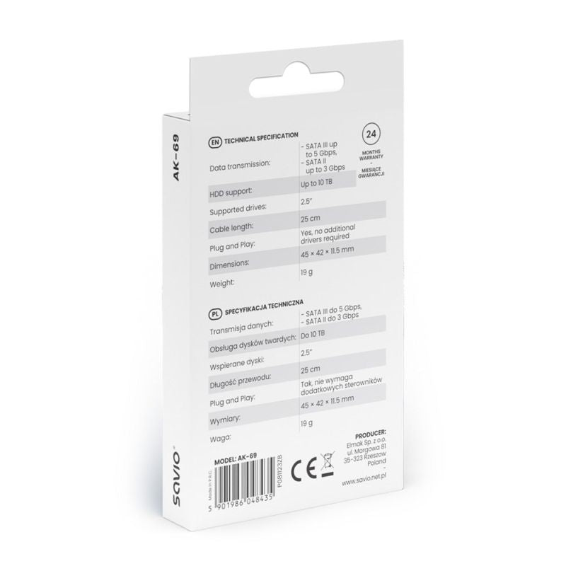 SAVIO ADAPTER USB-C 3.1 GEN 1 (M) - SATA (F) FOR 2.5" DRIVES AK-69 Kable i adaptery/Adaptery, przejściówki Your Sports Performance