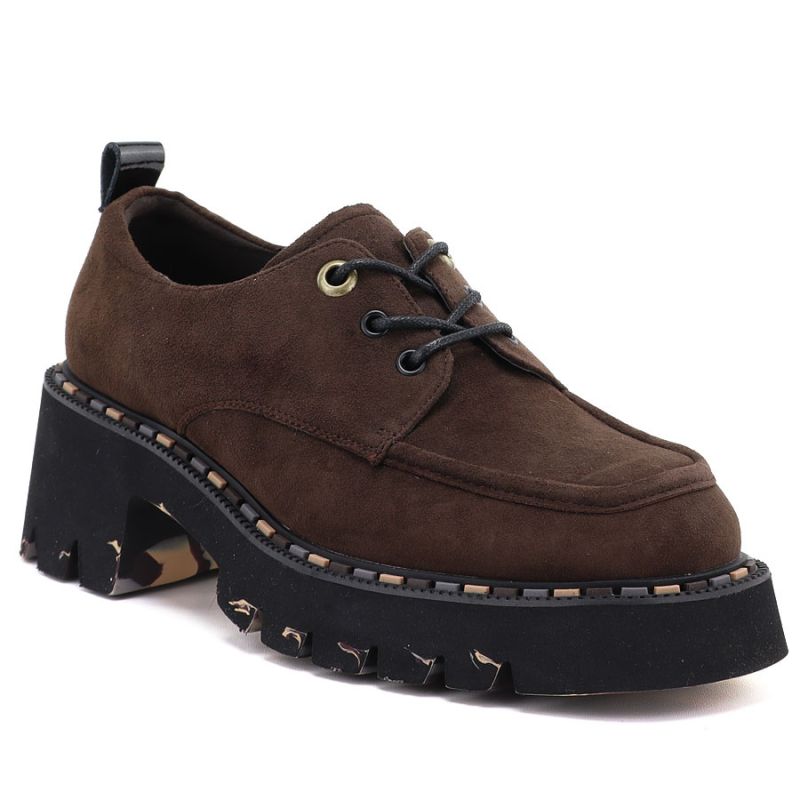 Women's leather moccasin shoes on a block heel, brown Artiker 59C0276