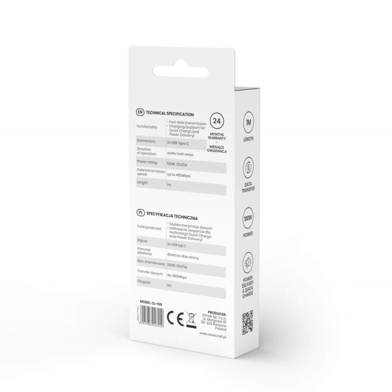 SAVIO CABLE USB TYPE C - USB TYPE C 5A, 1M CL-159 In preparation Your Sports Performance