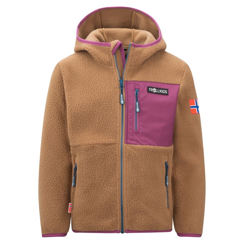 Trollkids Kids Aurlandsfjord Jacket children’s fleece jacket with hood, zip closure, brown (466-823)